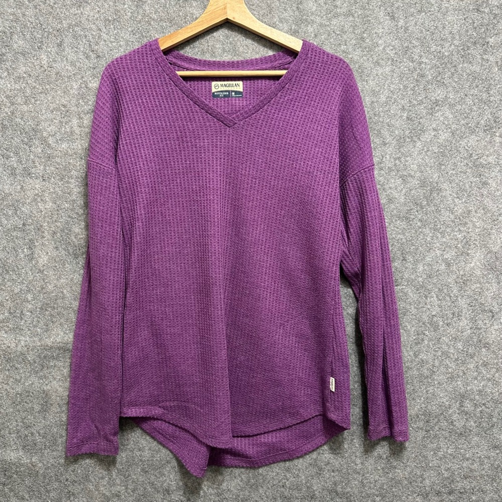 Magellan Outdoors Waffle Knit Top Womens Medium Purple Boyfriend Fit V-Neck Long